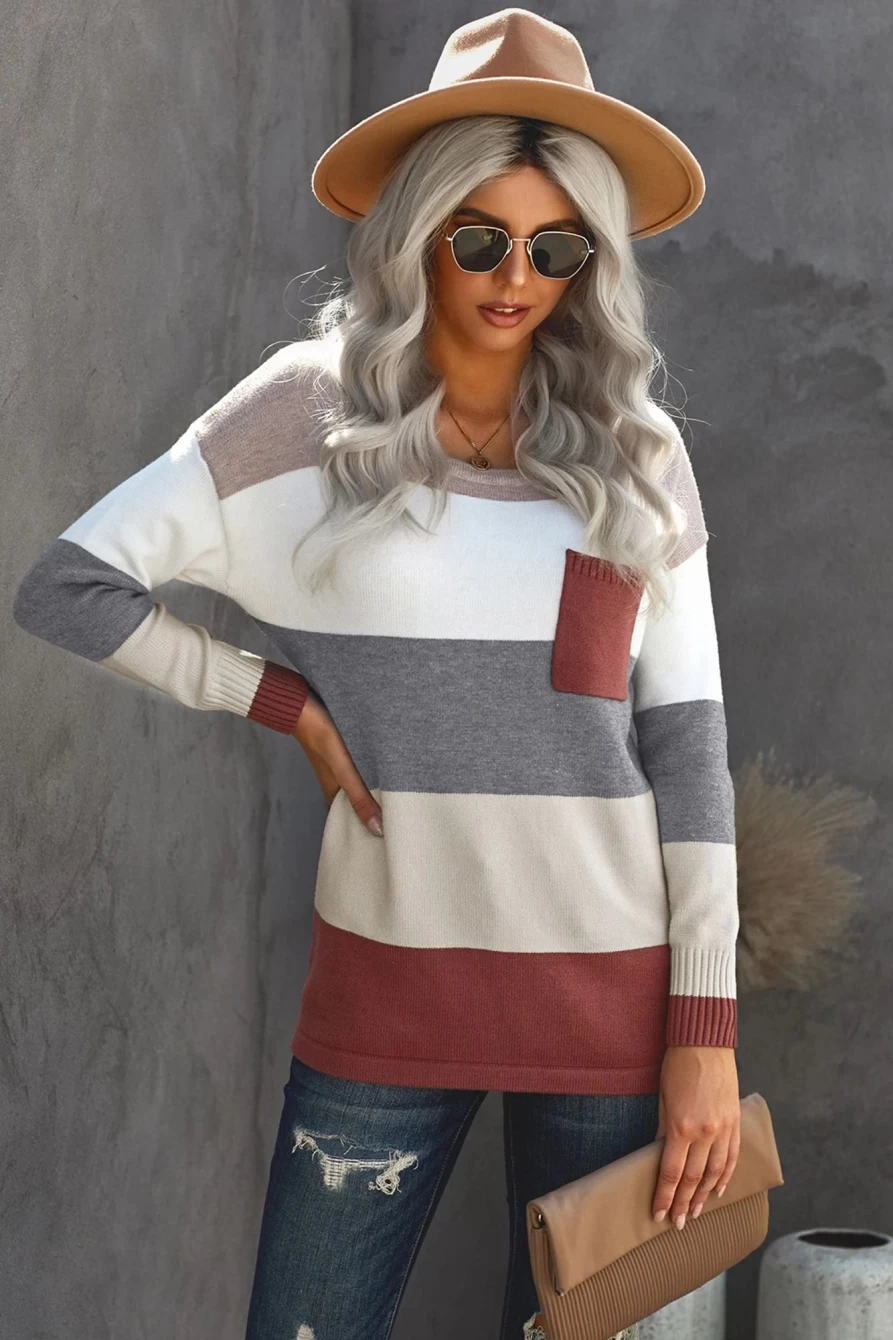 Women's Purple Colorblock Knit Sweater with Pockets - Shewin Casual Pullover