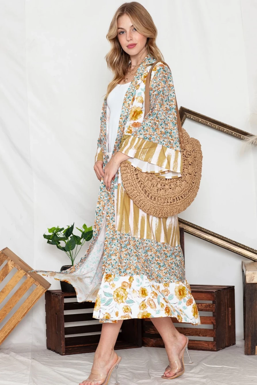 Shewin Women's Multicolor Floral Print Long Kimono with Wide Sleeves