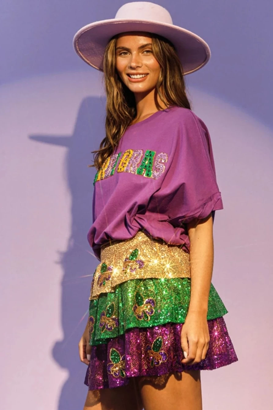"SheWin Women's Tillandsia Purple Rhinestone Mardi Gras Letter Embroidered Patch T-Shirt"