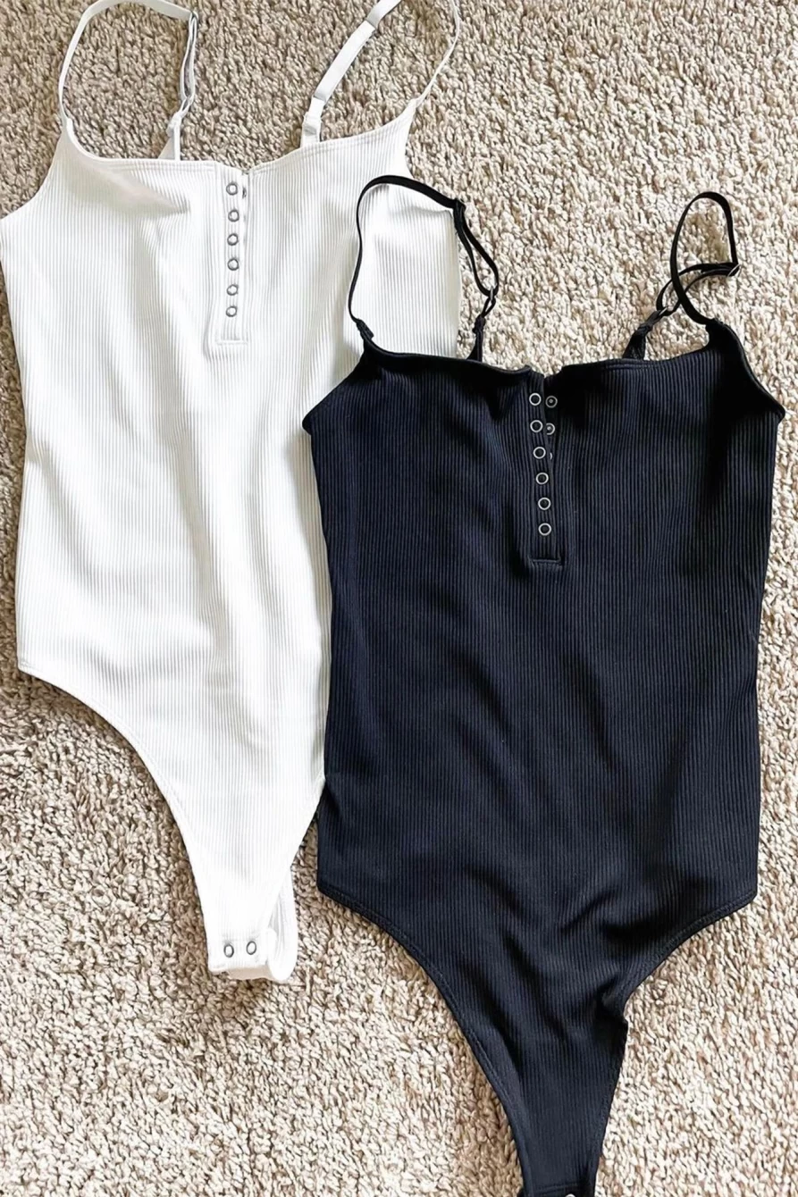 Shewin Women's Black Ribbed Knit Bodysuit with Adjustable Straps & Button Notch Detail