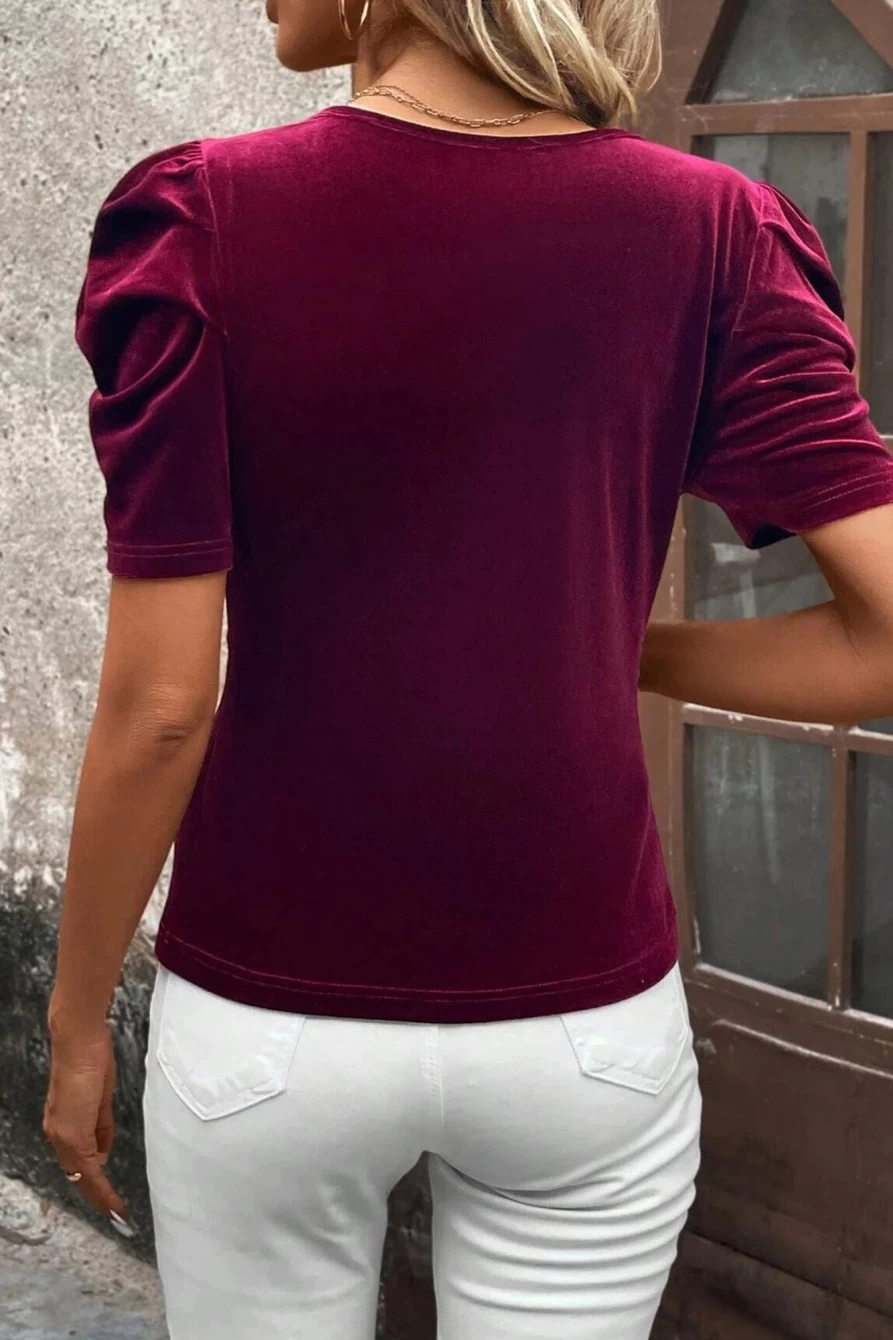 Shewin Women's Burgundy Velvet Top - Elegant Short Puff Sleeve Solid Color Blouse