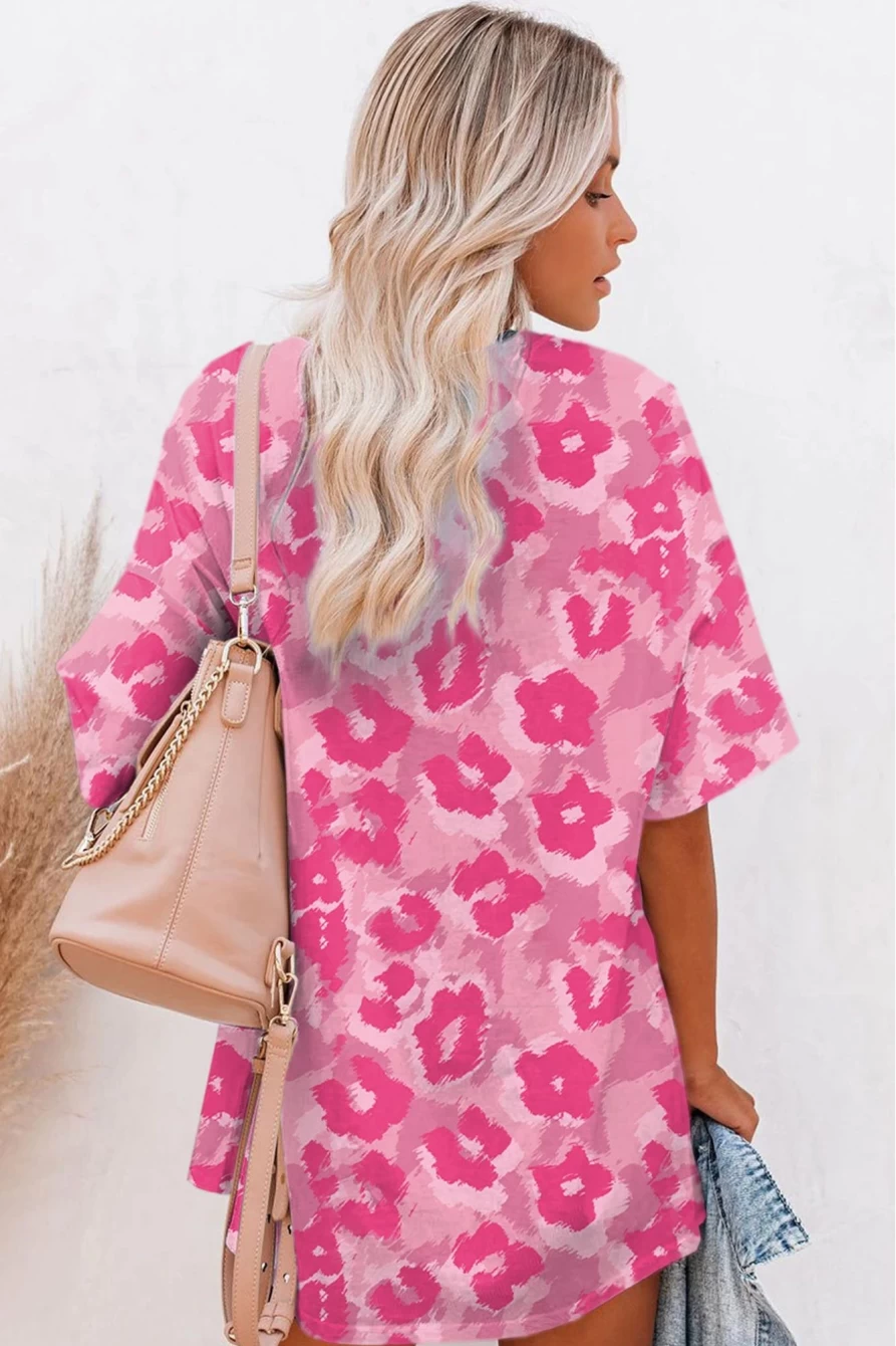 Shewin Women's Pink Leopard Print Oversized Drop Sleeve T-Shirt