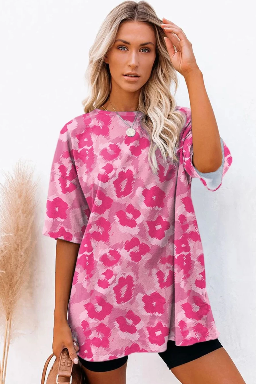 Shewin Women's Pink Leopard Print Oversized Drop Sleeve T-Shirt