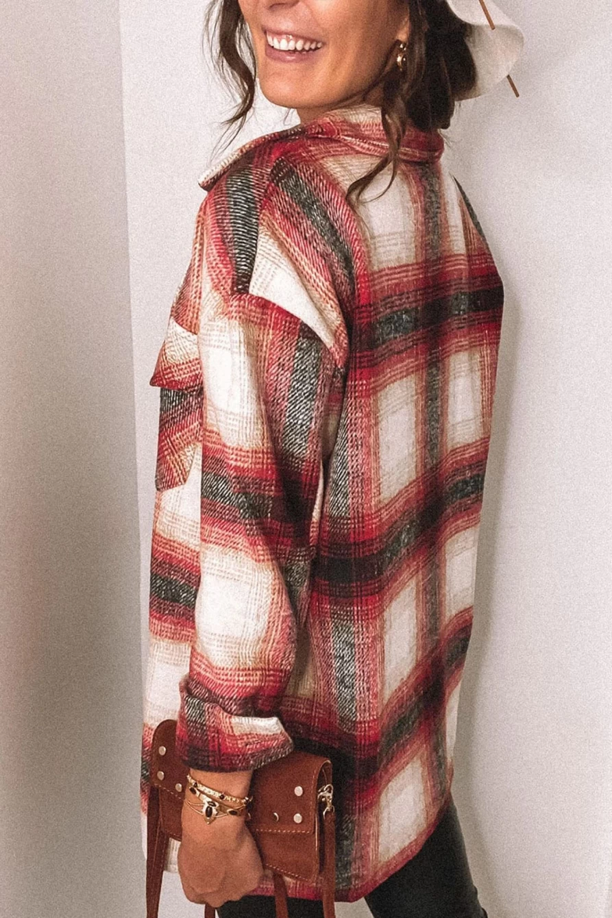 Women's Red Plaid Shacket with Turn-Down Collar and Front Pockets - Shewin