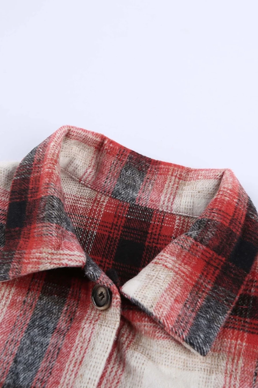 Women's Red Plaid Shacket with Turn-Down Collar and Front Pockets - Shewin