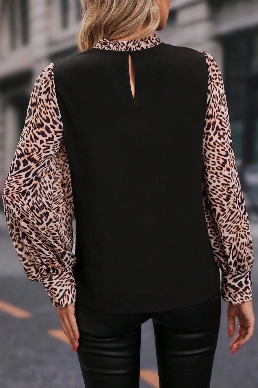 Shewin Women's Black Leopard Print Blouse with Lantern Sleeves & Back Keyhole Detail