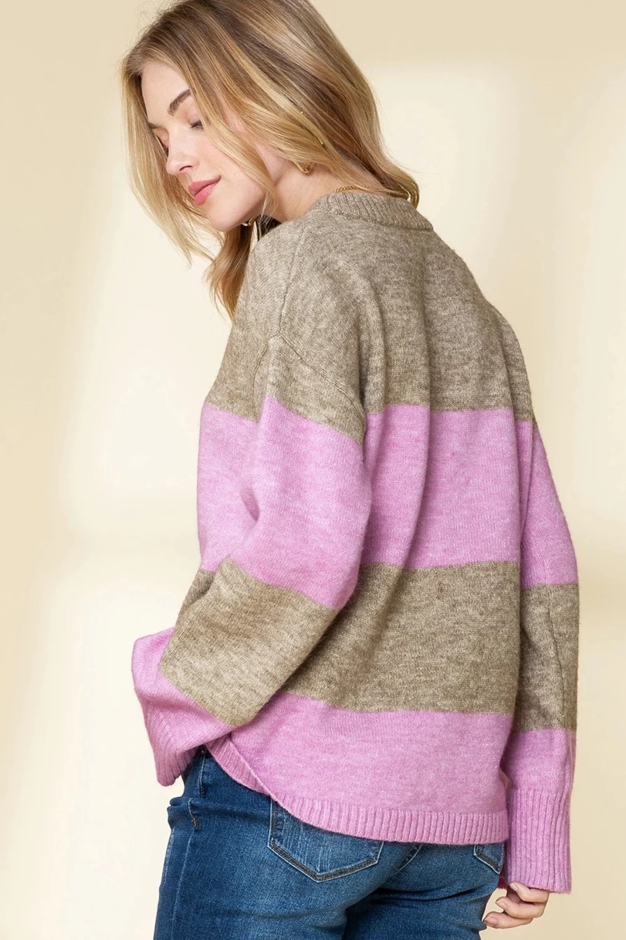 Shewin Women's Rose Stripe Colorblock Bell Sleeve Crew Neck Sweater