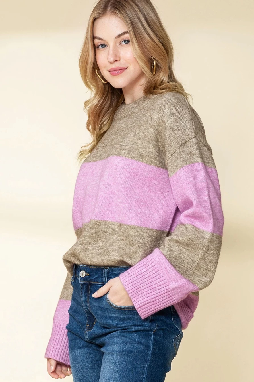 Shewin Women's Rose Stripe Colorblock Bell Sleeve Crew Neck Sweater
