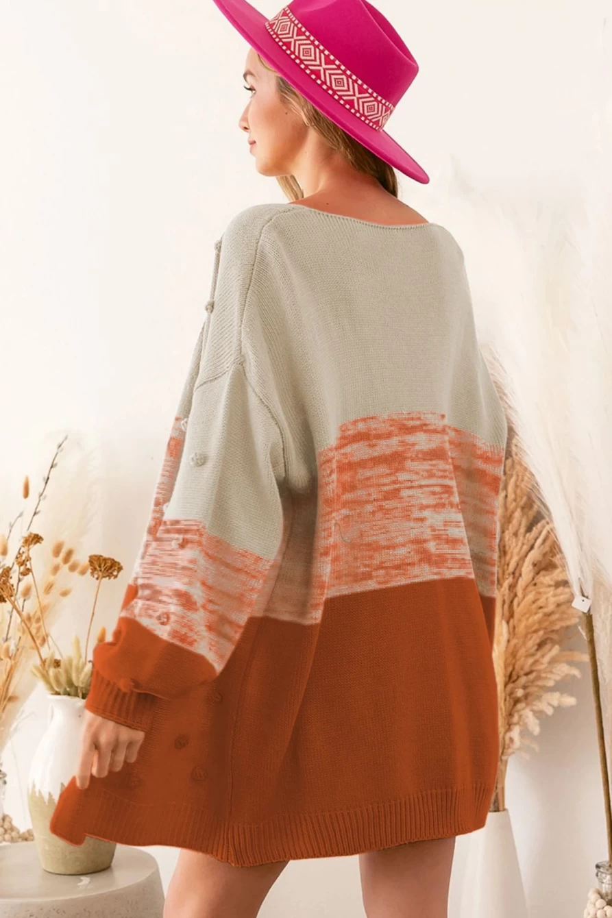 Women's Brown Color Block Knit Cardigan with Pompom Detail - Shewin Open Front Sweater
