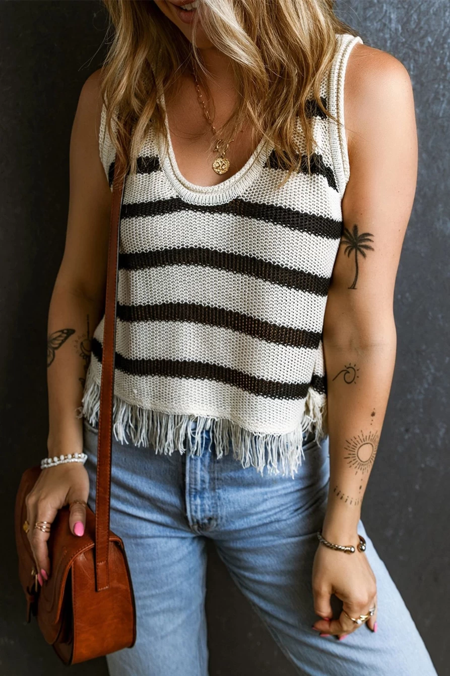 Shewin Women's Beige Stripe D U Neck Fringe Hem Knit Vest