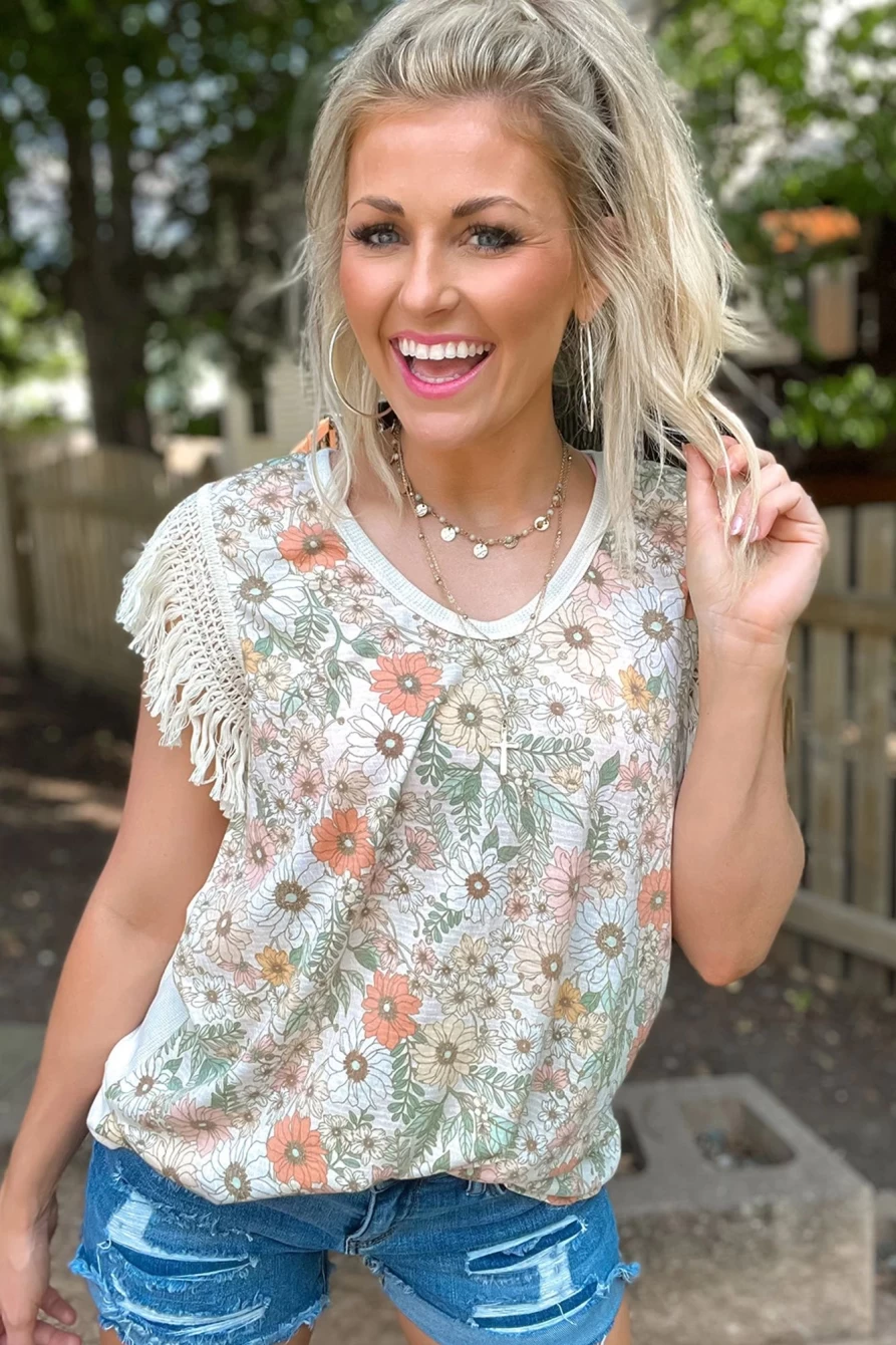 Shewin Women's White Boho Floral Print Fringe Trim Sleeveless Blouse Top