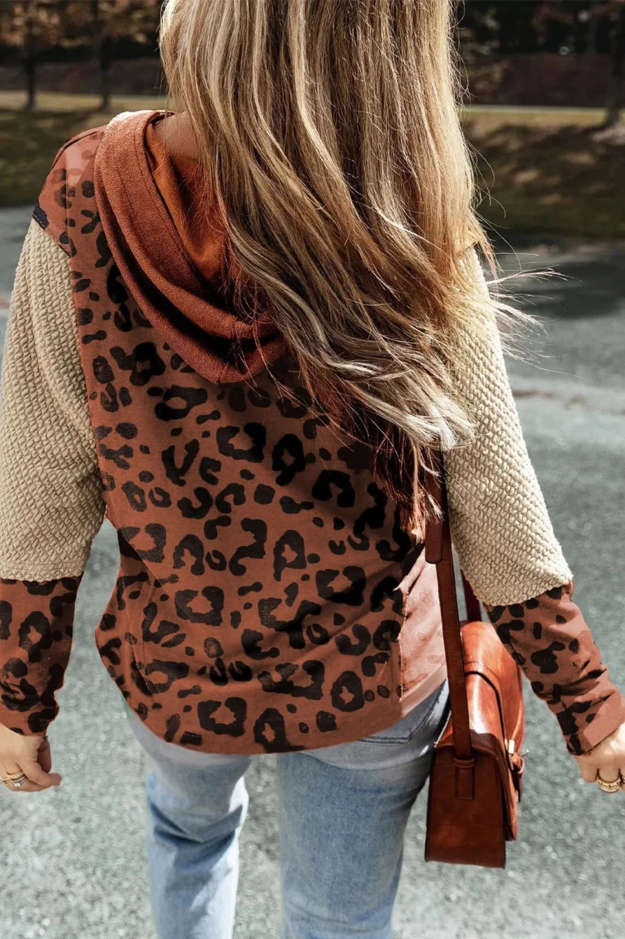 Shewin Women's Brown Leopard Print Hoodie with Textured Patchwork Sleeves