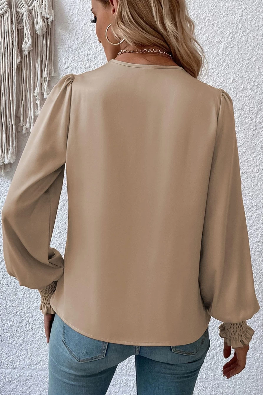 Shewin Women's Khaki Basic Drape V-Neck Long Sleeve Blouse