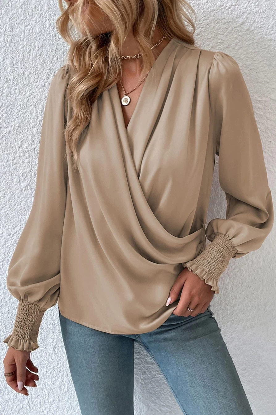Shewin Women's Khaki Basic Drape V-Neck Long Sleeve Blouse
