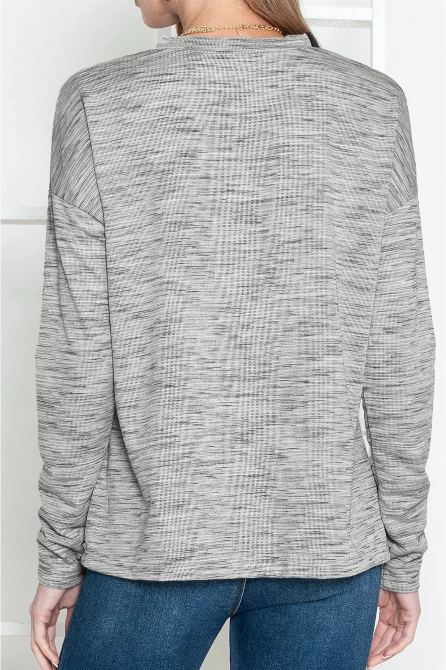 Shewin Women's Striped Casual Heathered Drop Shoulder Long Sleeve Top