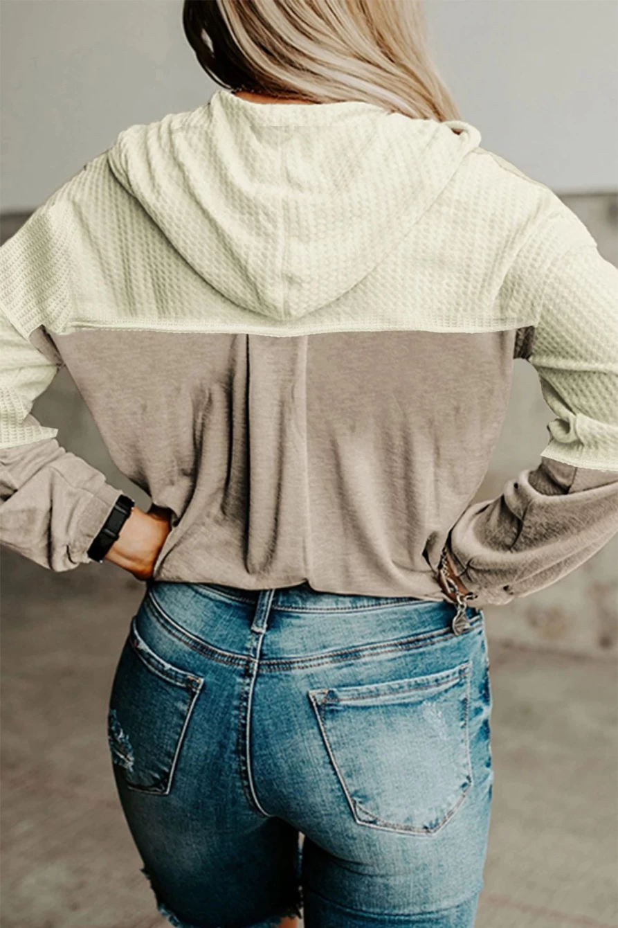 Shewin Women's Apricot Button Front Waffle Knit Hoodie - Color Block Pullover Sweatshirt