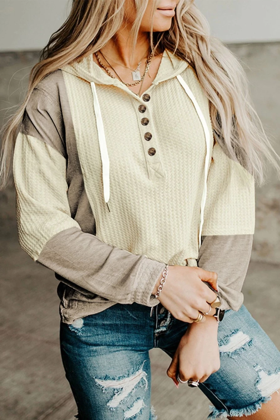 Shewin Women's Apricot Button Front Waffle Knit Hoodie - Color Block Pullover Sweatshirt