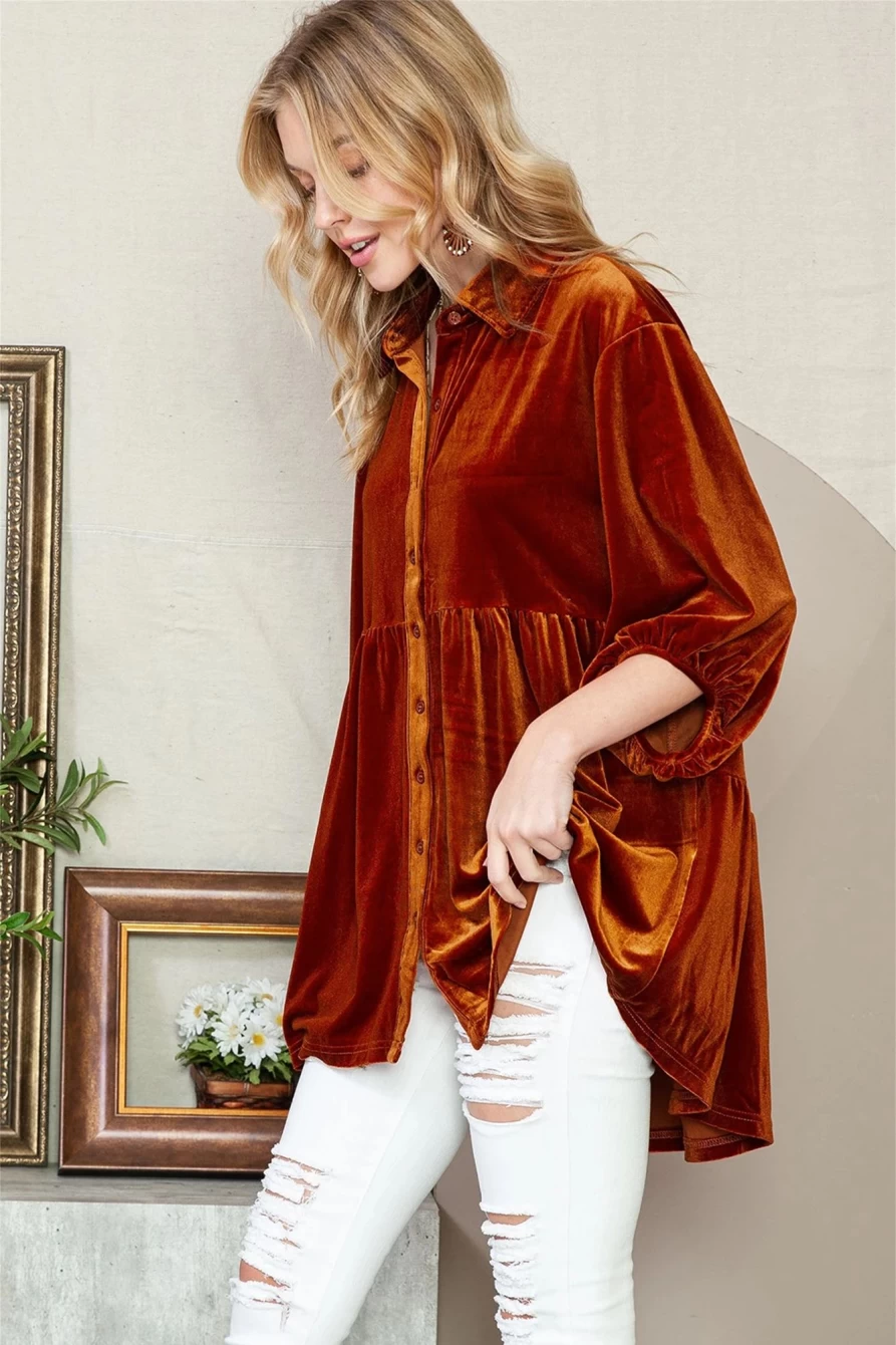 Shewin Women's Chestnut Velvet Lantern Sleeve Tunic Babydoll Top