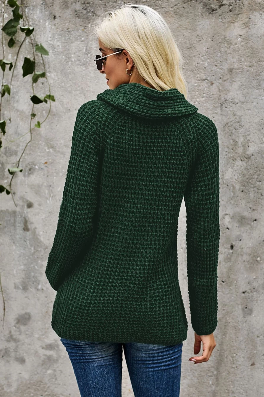 Shewin Women's Green Olive Buttoned Wrap Turtleneck Sweater