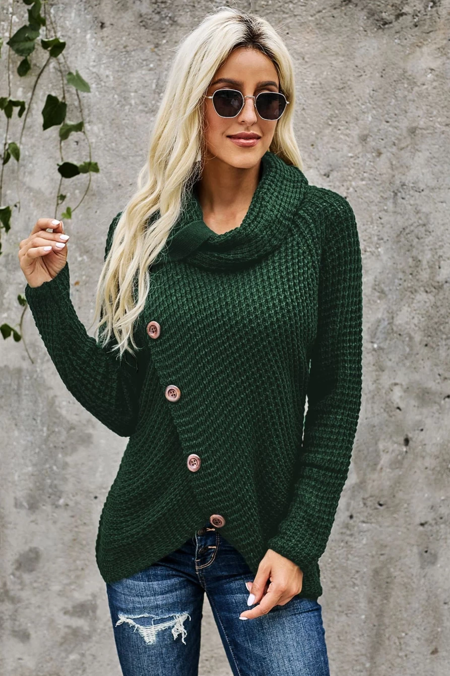 Shewin Women's Green Olive Buttoned Wrap Turtleneck Sweater