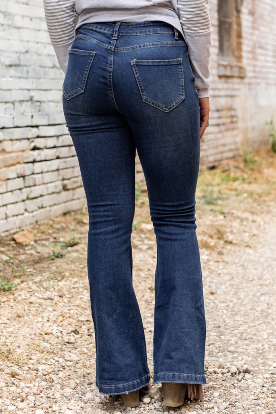 Shewin Women's Blue Sequin Embellished Four Leaf Clover Distressed Flare Jeans
