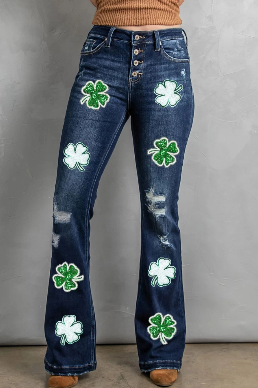 Shewin Women's Blue Sequin Embellished Four Leaf Clover Distressed Flare Jeans