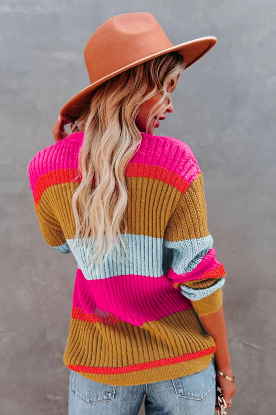 Shewin Women's Rose Color Block Knit V-Neck Button-Up Sweater