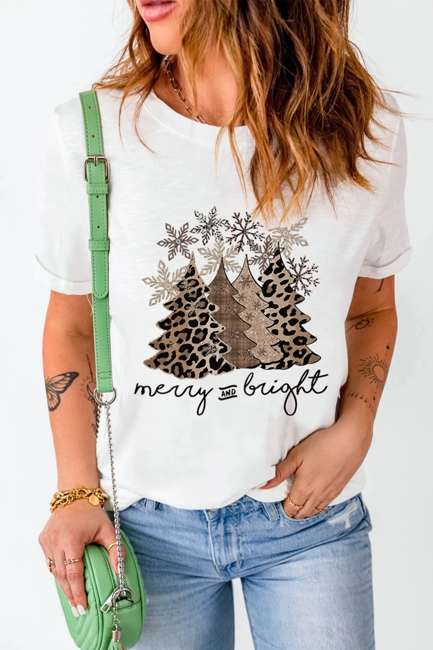 Shewin Women's White Leopard Print Christmas Tree Graphic Tee Casual Crew Neck T-Shirt