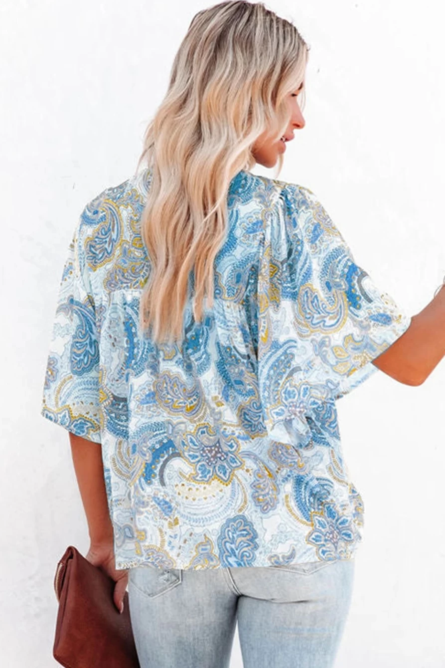 Shewin Women's Sky Blue Paisley Print Flounce Sleeve Loose Blouse Top