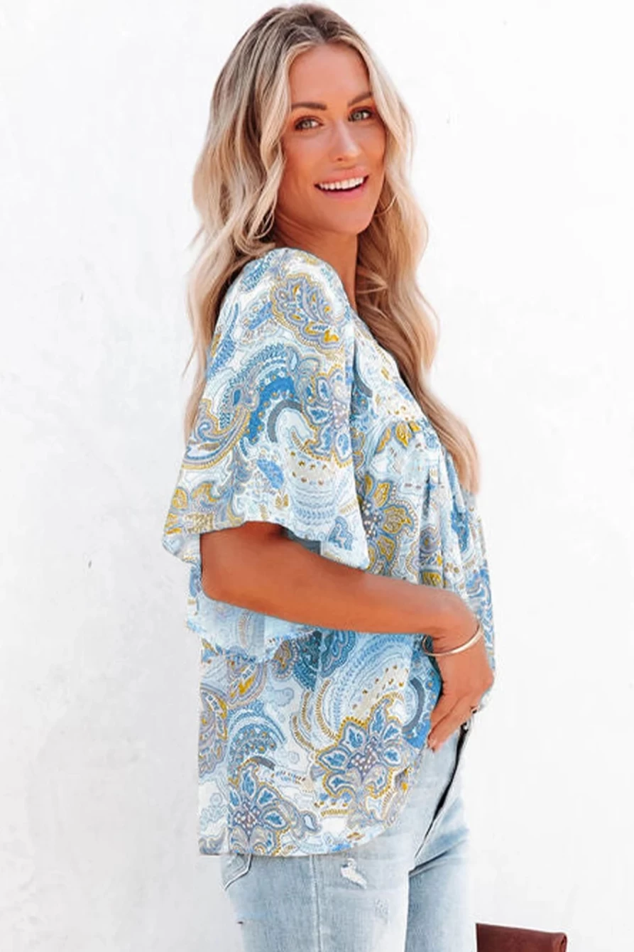 Shewin Women's Sky Blue Paisley Print Flounce Sleeve Loose Blouse Top