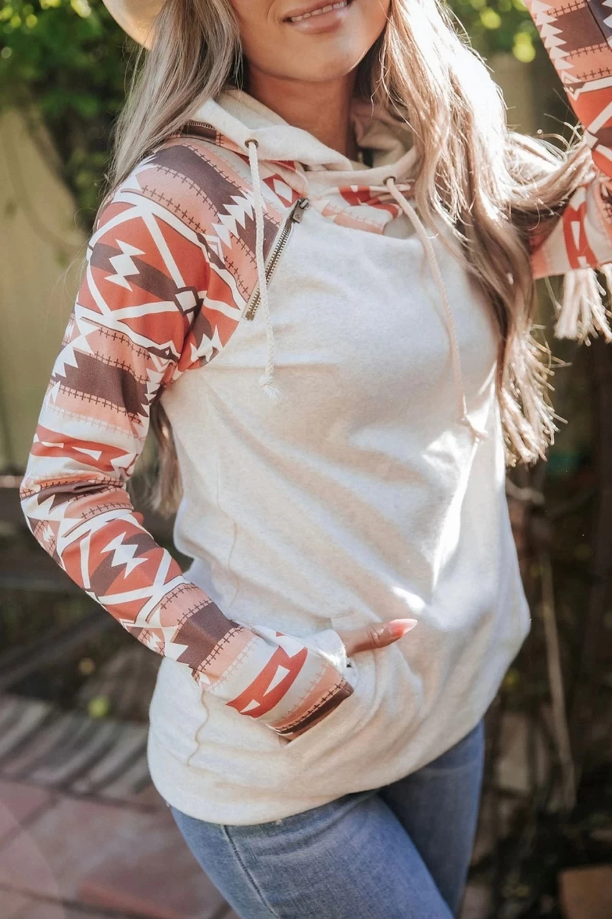 Shewin Women's Printed Geometric Patchwork Hoodie with Kangaroo Pockets