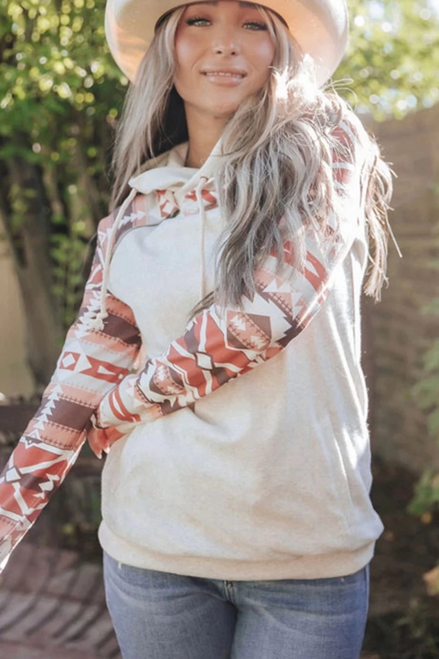 Shewin Women's Printed Geometric Patchwork Hoodie with Kangaroo Pockets