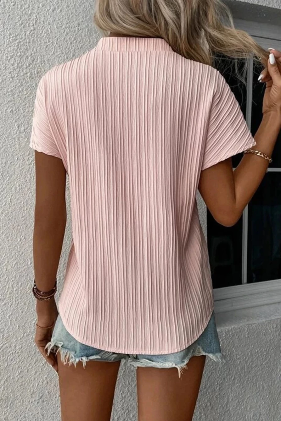 Shewin Women's Pink V-Neck Textured Short Sleeve Blouse - Solid Casual Top