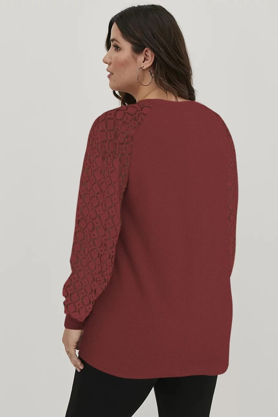Shewin Women's Red Plus Size Waffle Knit Top with Contrast Lace Sleeves
