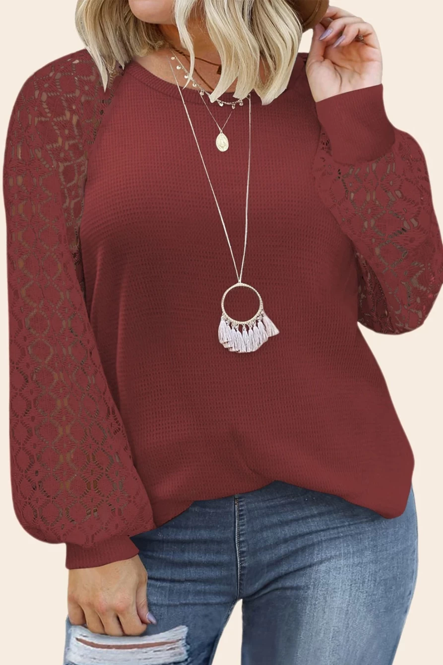 Shewin Women's Red Plus Size Waffle Knit Top with Contrast Lace Sleeves