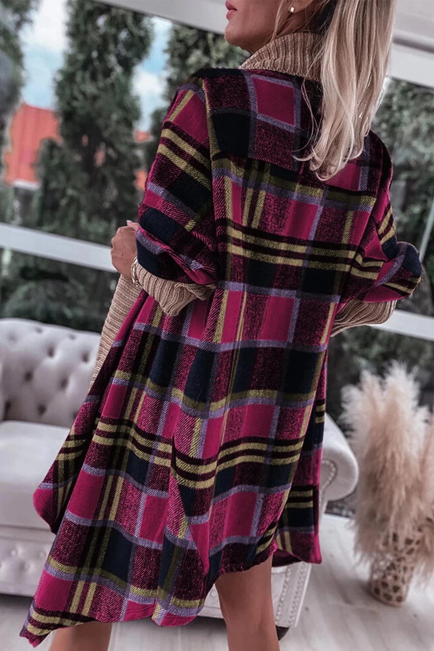 Shewin Women's Rose Red Ribbed Plaid Open Front Cardigan Sweater