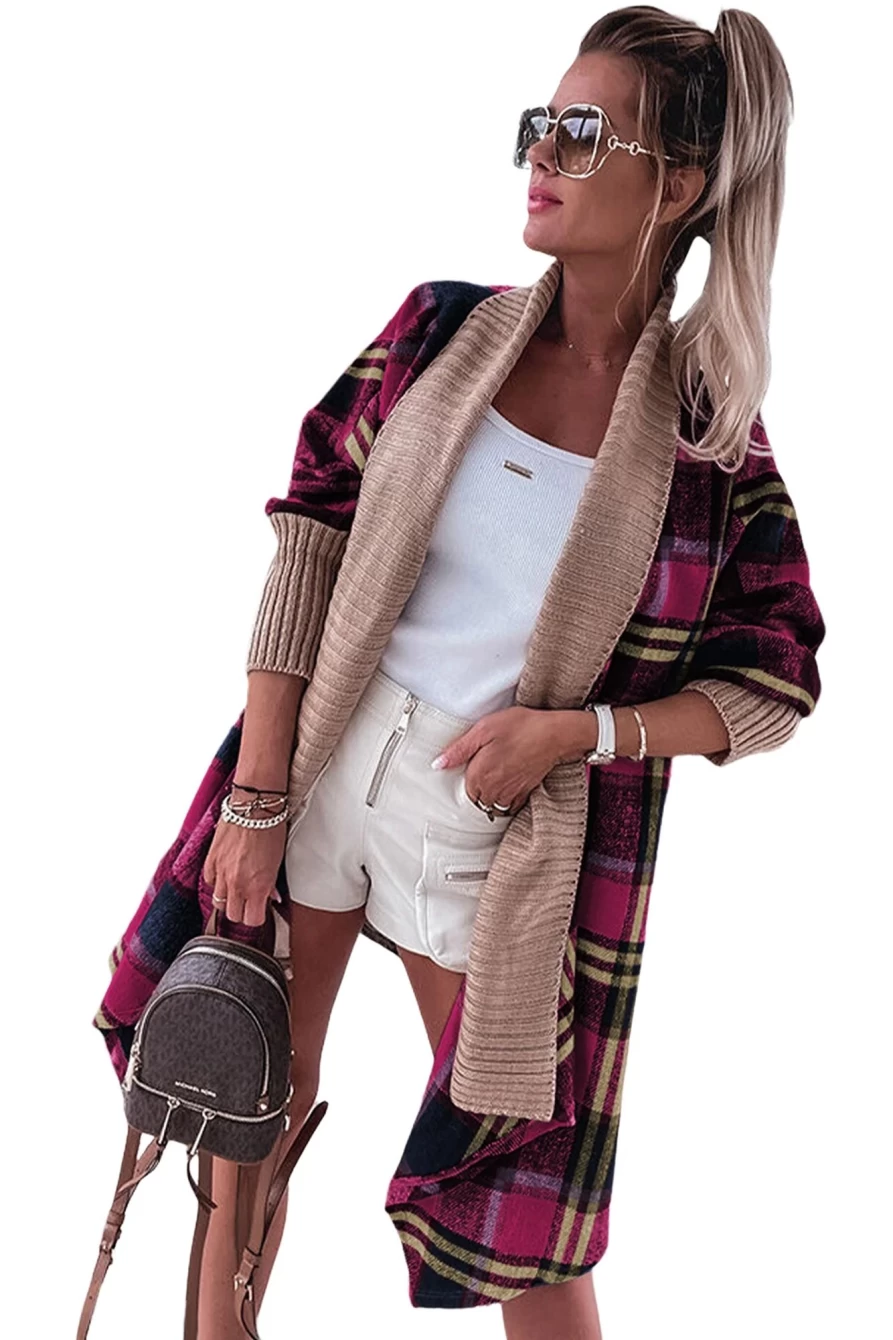 Shewin Women's Rose Red Ribbed Plaid Open Front Cardigan Sweater