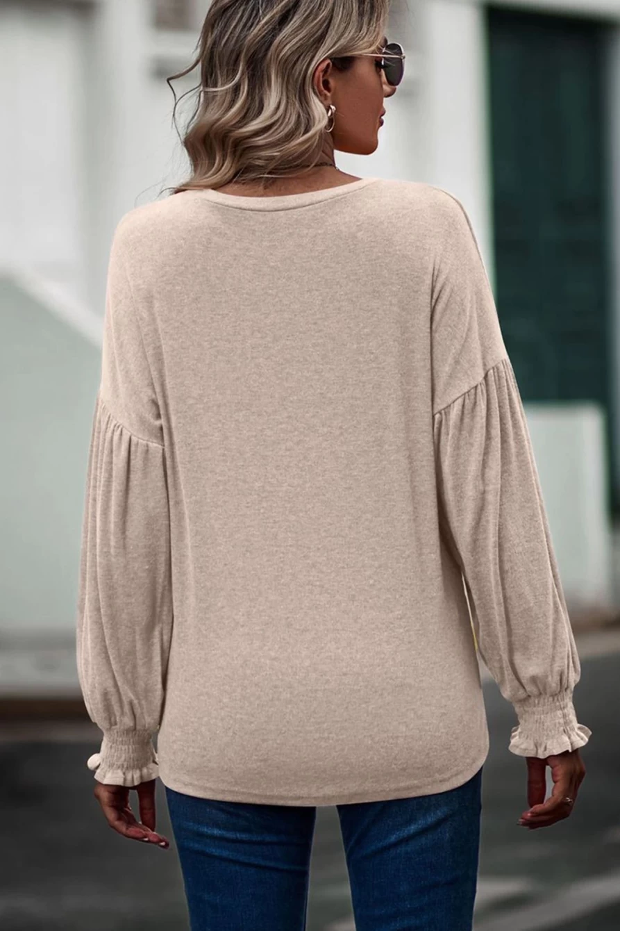 Shewin Women's Apricot Drop Shoulder Long Sleeve Top with Smocked Cuffs