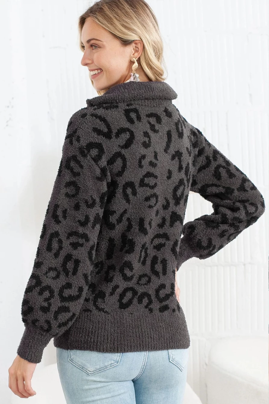 Shewin Women's Leopard Print Casual Zipped Collar Sweater