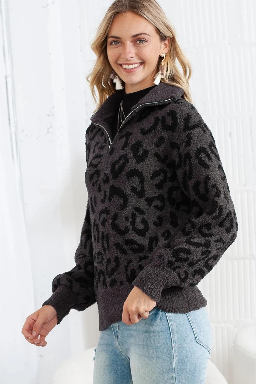 Shewin Women's Leopard Print Casual Zipped Collar Sweater