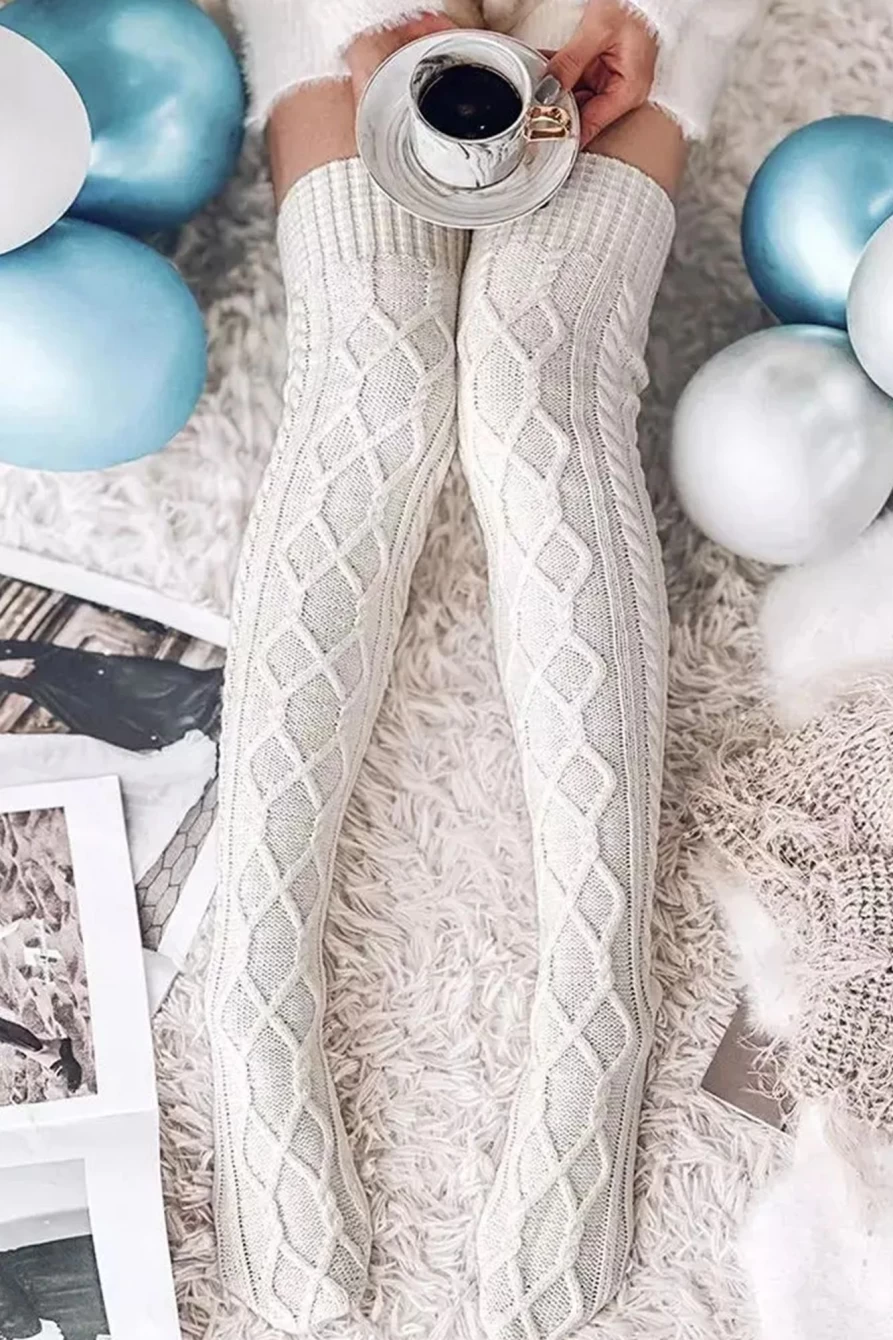 Shewin Women's Bright White Cable Knit Thigh High Winter Socks - Warm & Cozy