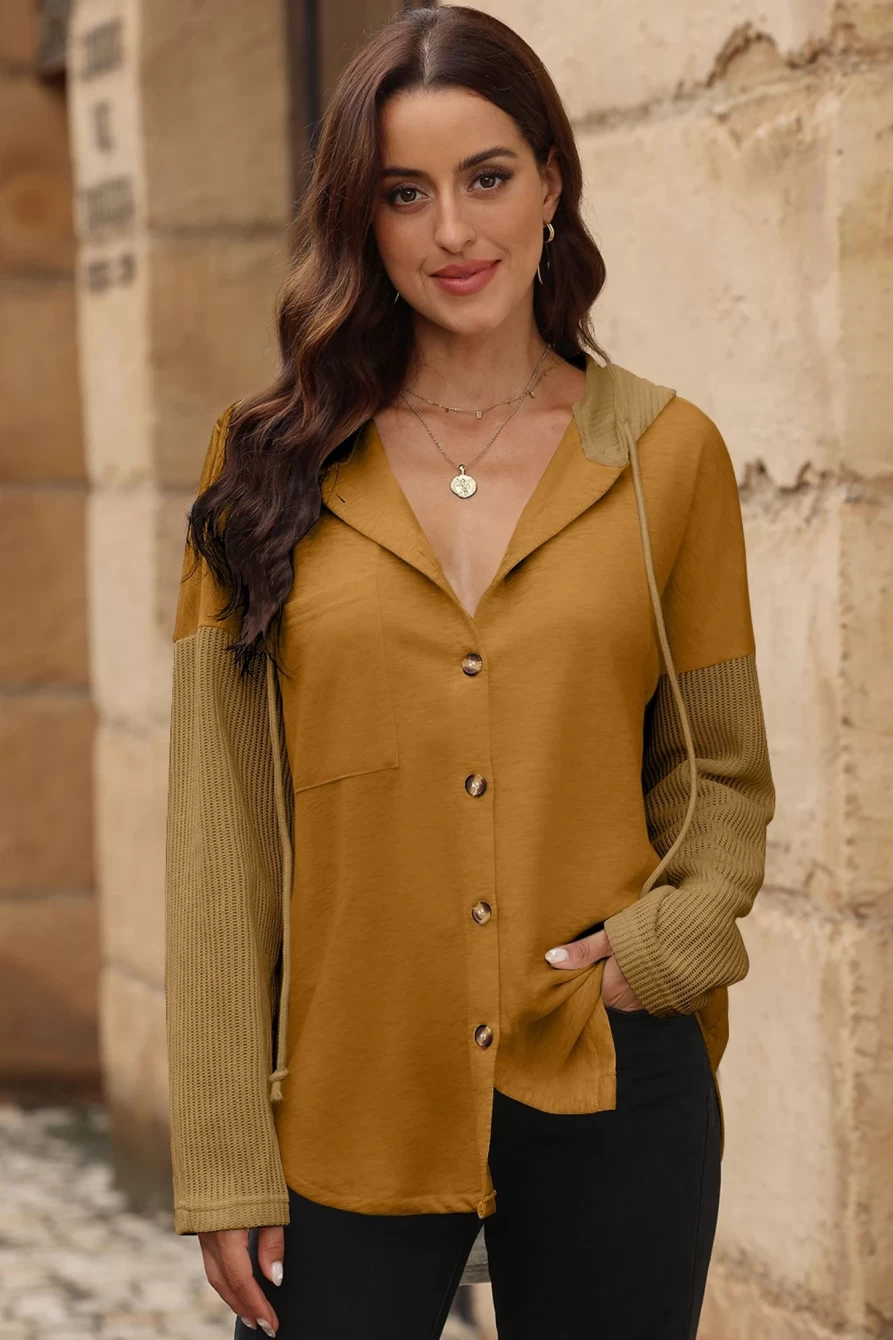 Shewin Women's Brown Contrast Knit Button-Up Hooded Jacket with Long Sleeves