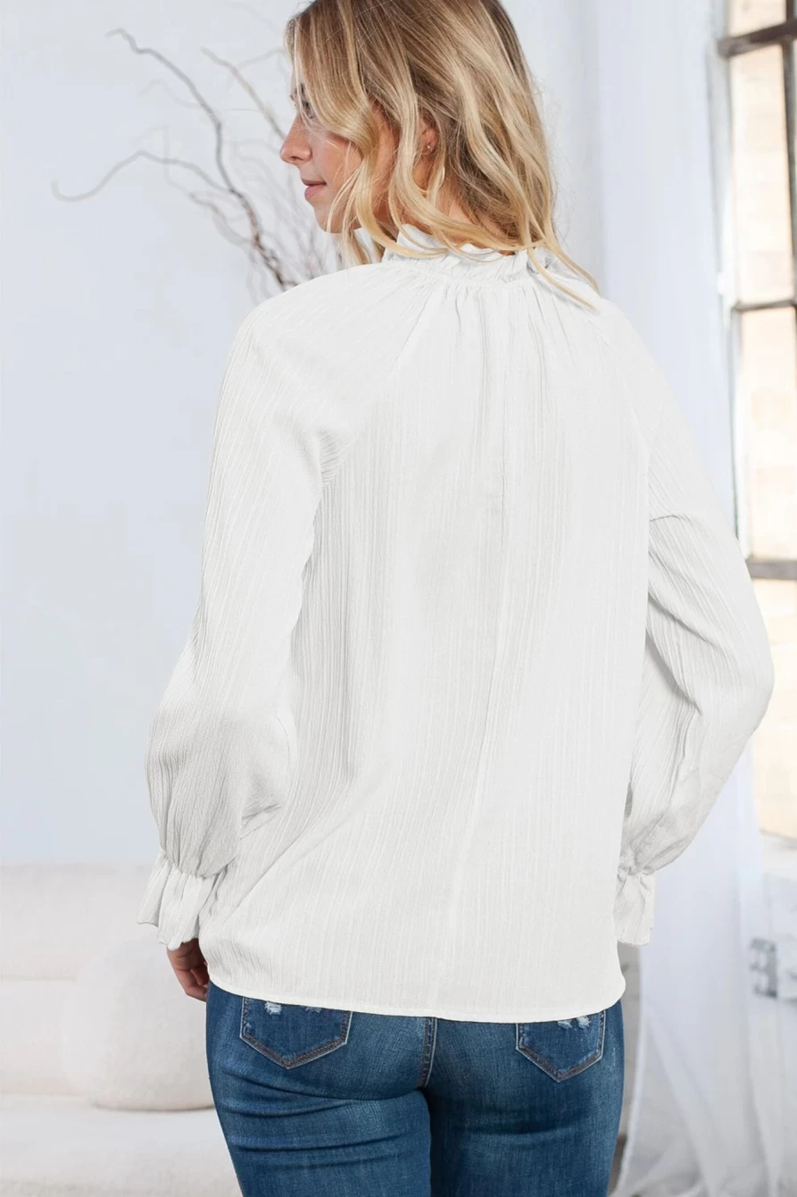 Shewin Women's White Frilled Mock Neck Blouse with Pleated Bubble Sleeves