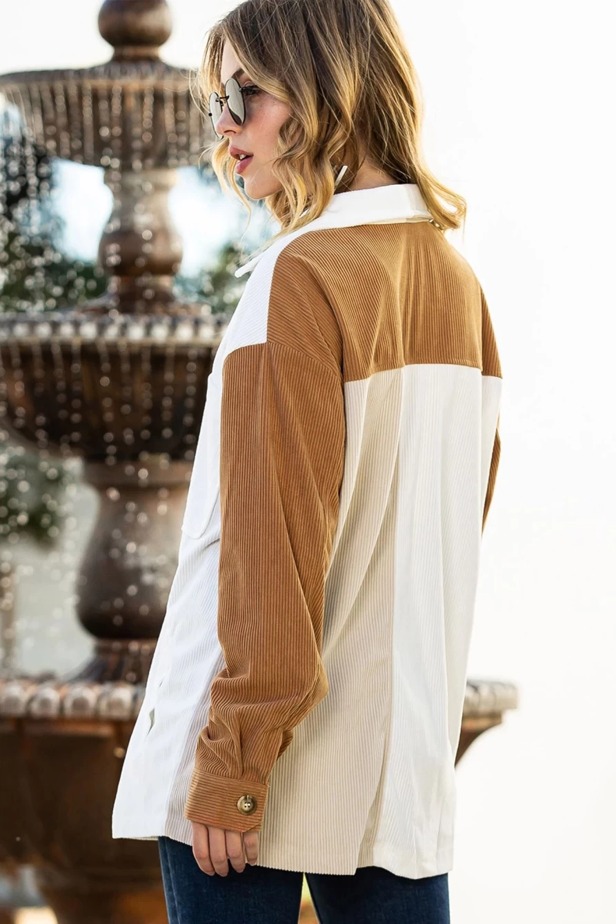 Women's Multicolour Corduroy Shacket with Patchwork Chest Pocket - Shewin Loose Fit Casual Jacket