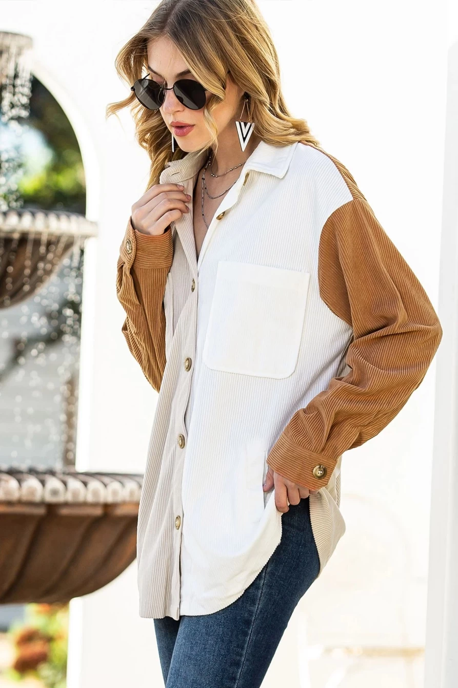 Women's Multicolour Corduroy Shacket with Patchwork Chest Pocket - Shewin Loose Fit Casual Jacket