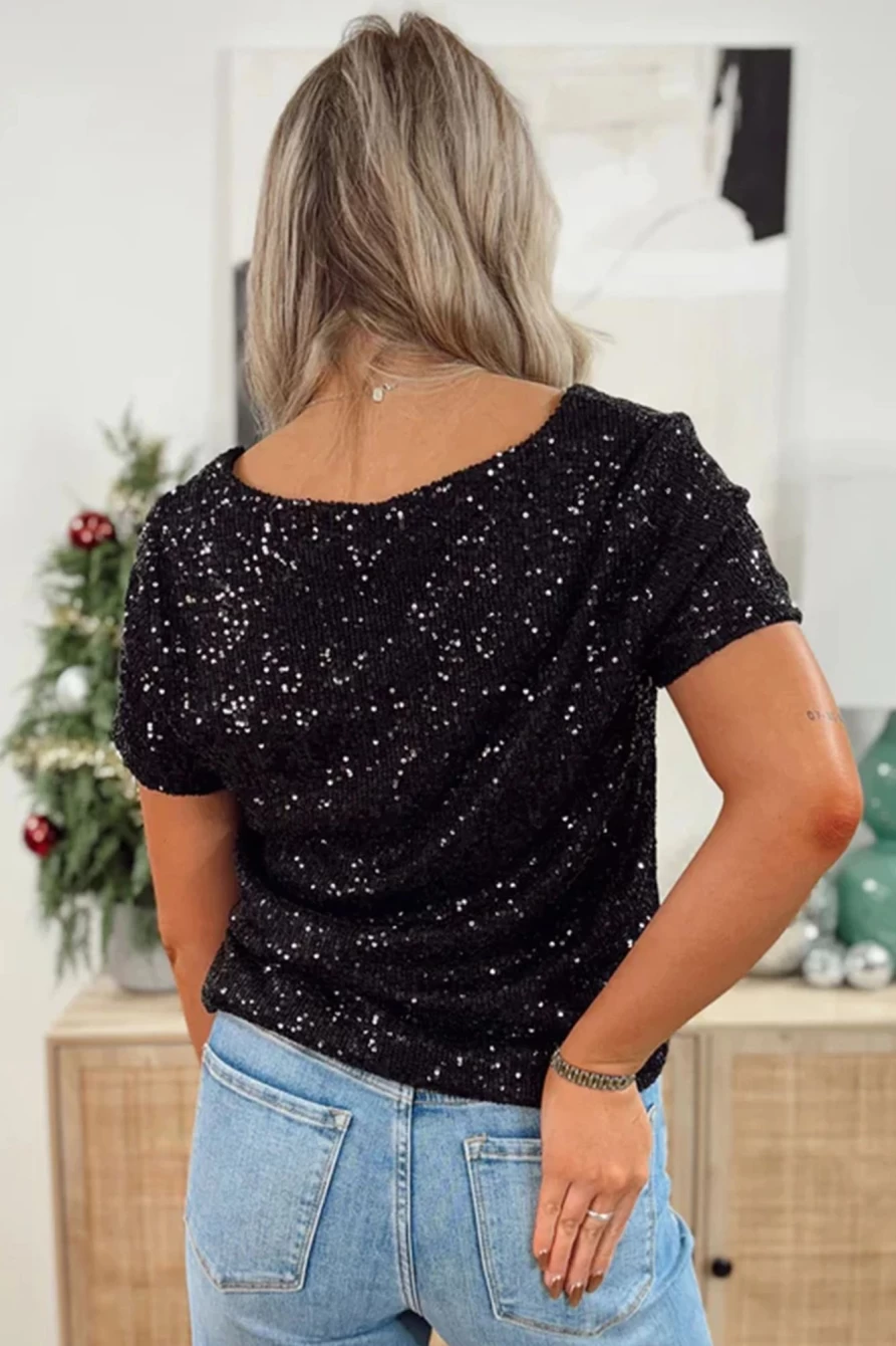 Shewin Women's Black Casual V-Neck Sequin T-Shirt | Sparkly Party Top