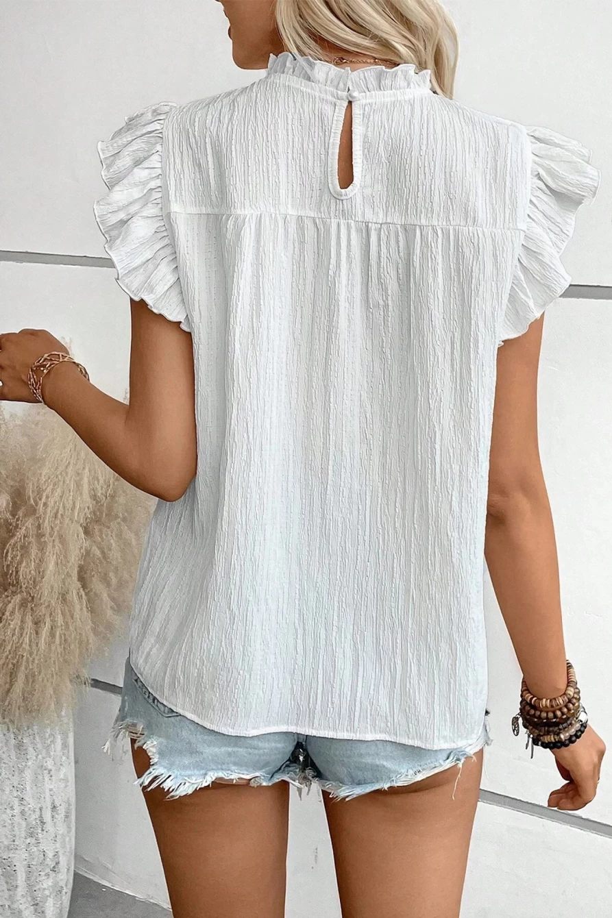 Shewin Women's White Floral Embroidered Crinkled Blouse with Frilled Trim