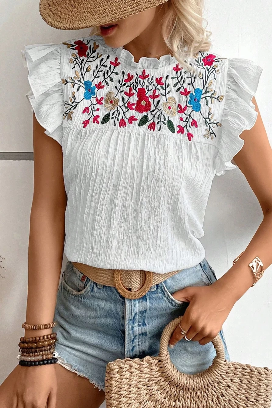 Shewin Women's White Floral Embroidered Crinkled Blouse with Frilled Trim