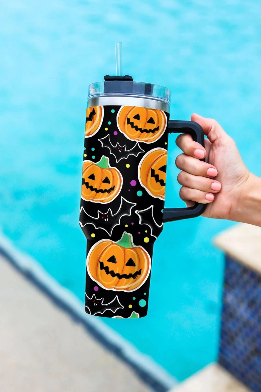 Shewin Halloween Tumbler - Black Pumpkin Bat Design with Straw for Women