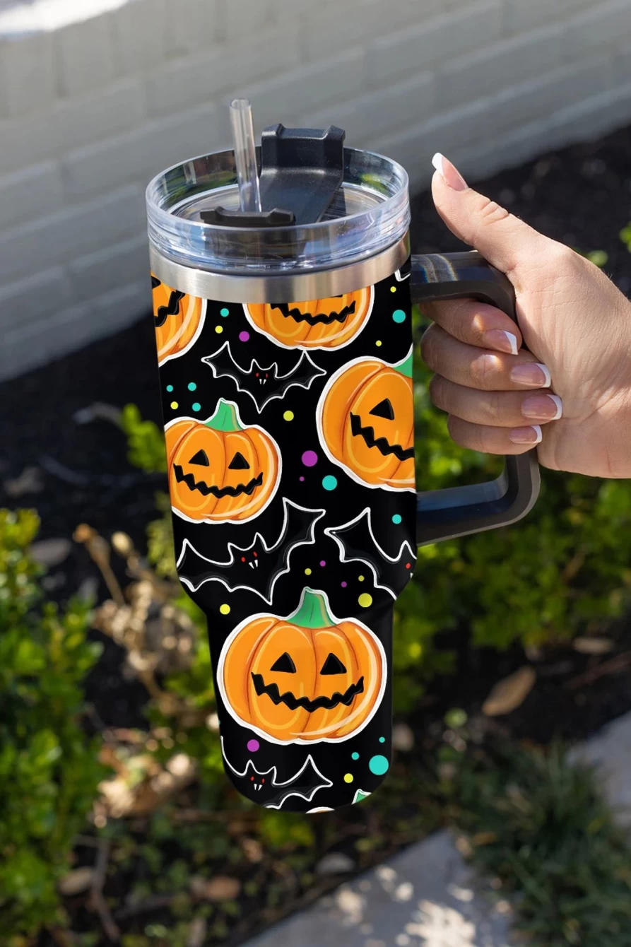 Shewin Halloween Tumbler - Black Pumpkin Bat Design with Straw for Women